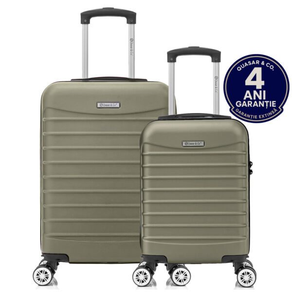 Set 2 trolere cabina Quasar & Co.®, 40x30x20 cm cu roti detasabile si 55x36x20 cm, bagaj de mana, troller cu fermoar antifurt, cifru, maner telescopic lung, geamantan 4 roti duble 360°, valiza ABS 2.8 mm rezistent, 10kg, LINE, Sampanie - imagine 1