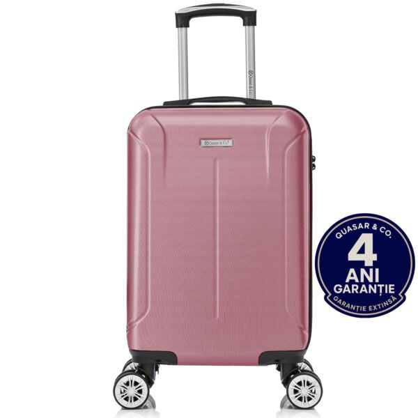 Troler cabina avion Quasar & Co.®, 55x35x20cm, bagaj de mana, troller cu fermoar antifurt, cifru, maner telescopic lung, geamantan cu 4 roti duble silentioase 360°, valiza ABS 2.8 mm, rezistent, 2 compartimente cu buzunar, 10kg, Smart, Roz pudrat