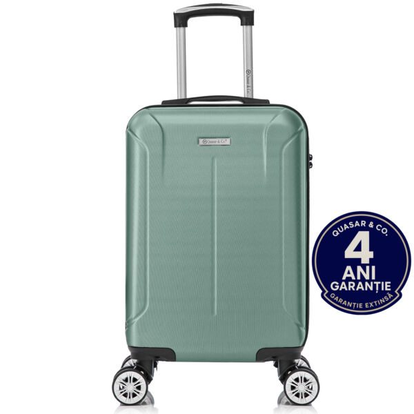 Troler cabina avion Quasar & Co.®, 55x35x20cm, bagaj de mana, troller cu fermoar antifurt, cifru, maner telescopic lung, geamantan cu 4 roti duble silentioase 360°, valiza ABS 2.8 mm, rezistent, 2 compartimente cu buzunar, 10kg, Smart, Turcoaz deschis