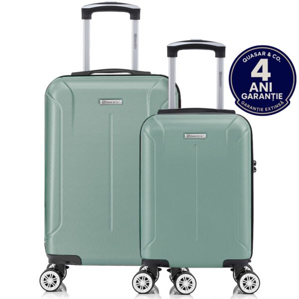 Set 2 trolere cabina, Quasar & Co.®, 40x30x20 cm cu roti detasabile si 55x35x20 cm, bagaj de mana, troller cu fermoar antifurt, cifru, maner telescopic lung, geamantan 4 roti duble 360°, valiza ABS 2.8 mm rezistent, 10kg, Smart, Turcoaz deschis