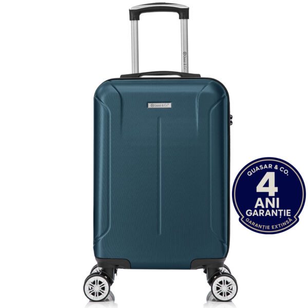 Troler cabina avion Quasar & Co.®, 55x35x20cm, bagaj de mana, troller cu fermoar antifurt, cifru, maner telescopic lung, geamantan cu 4 roti duble silentioase 360°, valiza ABS 2.8 mm, rezistent, 2 compartimente cu buzunar, 10kg, Smart, Albastru petrol