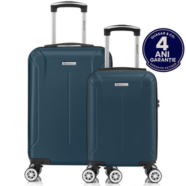 Set 2 trolere cabina, Quasar & Co.®, 40x30x20 cm cu roti detasabile si 55x35x20 cm, bagaj de mana, troller cu fermoar antifurt, cifru, maner telescopic lung, geamantan 4 roti duble 360°, valiza ABS 2.8 mm rezistent, 10kg, Smart, Albastru petrol