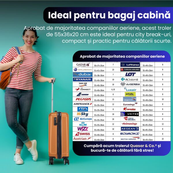 Set 2 trolere cabina, Quasar & Co.®, 40x30x20 cm cu roti detasabile si 55x35x20 cm, bagaj de mana, troller cu fermoar antifurt, cifru, maner telescopic lung, geamantan 4 roti duble 360°, valiza ABS 2.8 mm rezistent, 10kg, Smart, camel - imagine 11