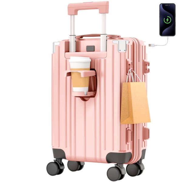 Troler cabina avion Quasar & Co.®, 54x36x23cm, bagaj de mana, troller cu maner telescopic, geamantan cu 4 roti duble silentioase 360°, valiza ABS+PC, suport pahar, ZENO, roz - imagine 3