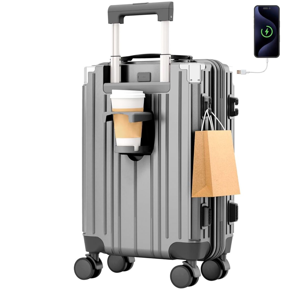 Troler cabina avion Quasar & Co.®, 54x36x23cm, bagaj de mana, troller cu maner telescopic, geamantan cu 4 roti duble silentioase 360°, valiza ABS+PC, suport pahar, ZENO, gri 3