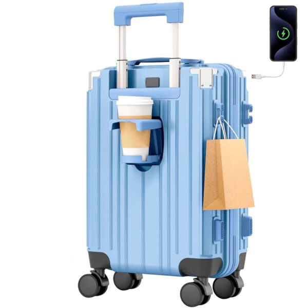 Troler mediu, Quasar & Co.®, 66x45x26cm, bagaj de cala, troller cu maner telescopic, geamantan cu 4 roti duble silentioase 360°, valiza ABS+PC, suport pahar, ZENO, albastru - imagine 3