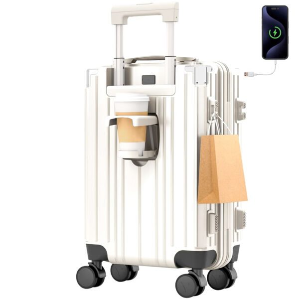 Troler mediu, Quasar & Co.®, 66x45x26cm, bagaj de cala, troller cu cifru TSA, maner telescopic, geamantan cu 4 roti duble silentioase 360°, valiza ABS+PC, port USB, suport pahar, ZENO, alb - imagine 3