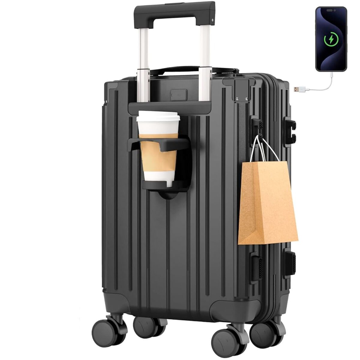 Troler mare, Quasar & Co.®, 75x49x30cm, bagaj de cala, troller cu cifru TSA, maner telescopic, geamantan cu 4 roti duble silentioase 360°, valiza ABS+PC, port USB, suport pahar, ZENO, negru 2 Troler mare, Quasar & Co.®, 75x49x30cm, bagaj de cala, troller cu cifru TSA, maner telescopic, geamantan cu 4 roti duble silentioase 360°, valiza ABS+PC, port USB, suport pahar, ZENO, negru 2