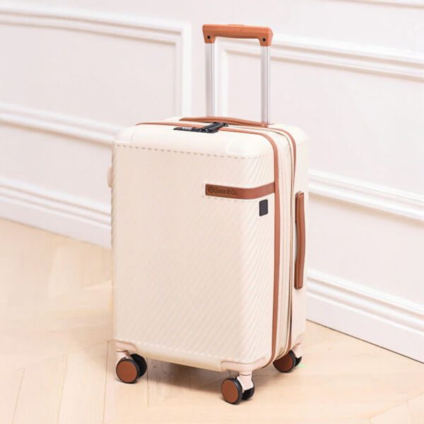 Troler cabina avion Quasar & Co.®, 56x38x23cm, bagaj de mana, troller cu cifru, maner telescopic lung, geamantan cu 4 roti duble silentioase 360°, valiza ABS, 2 compartimente cu buzunar, LUXOR, bej - imagine 3