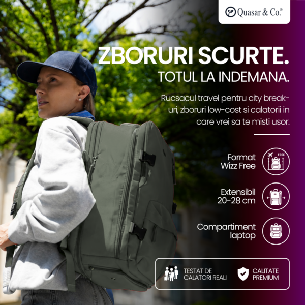 Rucsac bagaj de mana avion Quasar & Co.®, extensibil 43x30x20-28 cm, rucsac calatorie/voiaj multifunctional, impermeabil, compartiment pantofi, compartiment laptop, sistem agatare pe troler, pretabil drumetii/scoala, cu USB, textil, kaky