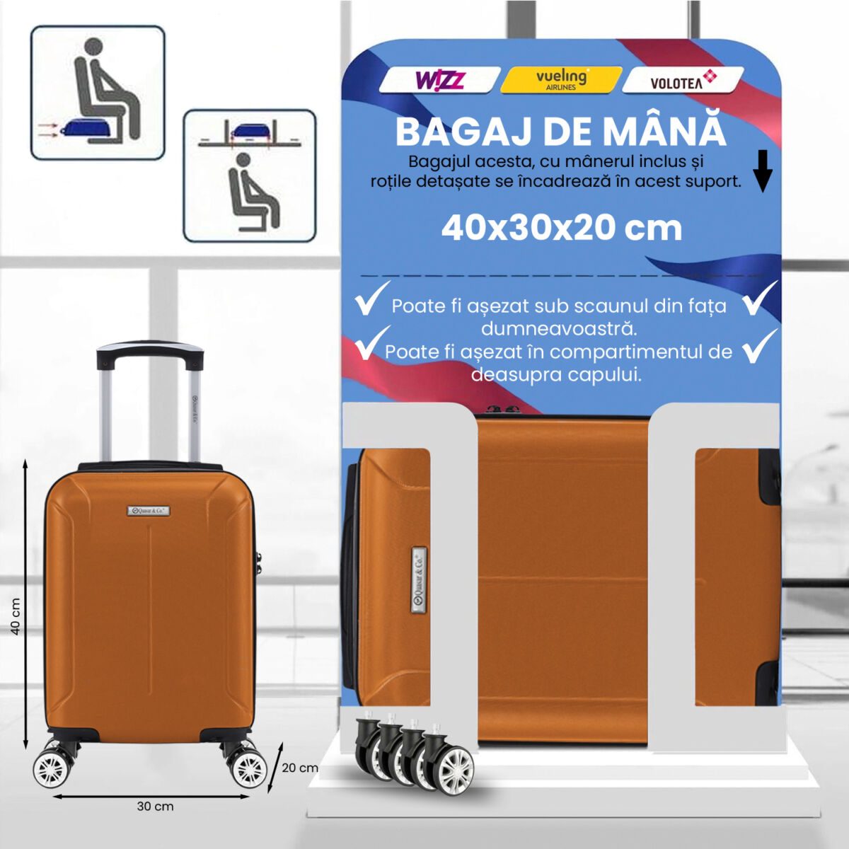 Troler cabina avion Quasar & Co.®, 40x30x20cm, bagaj de mana, troller cu cifru, valiza 4 roti duble detasabile 360°, fermoar antifurt, maner telescopic lung, geamantan din ABS extradur, captuseala buretata, 2 compartimente, buzunar, SMART, camel 3 Troler cabina avion Quasar & Co.®, 40x30x20cm, bagaj de mana, troller cu cifru, valiza 4 roti duble detasabile 360°, fermoar antifurt, maner telescopic lung, geamantan din ABS extradur, captuseala buretata, 2 compartimente, buzunar, SMART, camel 3