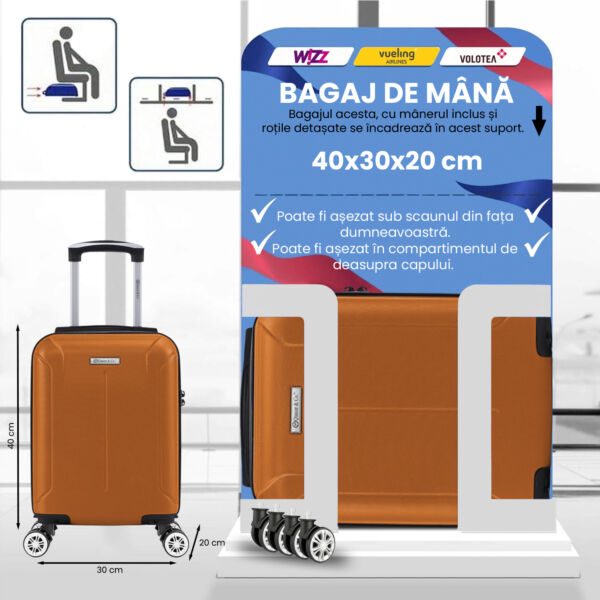 Troler cabina avion Quasar & Co.®, 40x30x20cm, bagaj de mana, troller cu cifru, valiza 4 roti duble detasabile 360°, fermoar antifurt, maner telescopic lung, geamantan din ABS extradur, captuseala buretata, 2 compartimente, buzunar, SMART, camel Trolere cabina 2026-04-18