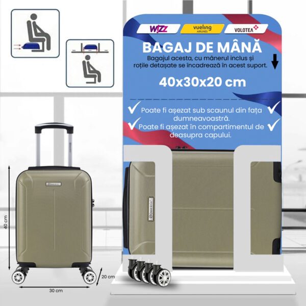 Troler cabina avion Quasar & Co.®, 40x30x20cm, bagaj de mana, troller cu cifru, valiza 4 roti duble detasabile 360°, fermoar antifurt, maner telescopic lung, geamantan din ABS extradur, captuseala buretata, 2 compartimente, buzunar, SMART, sampanie Trolere cabina 2026-06-05