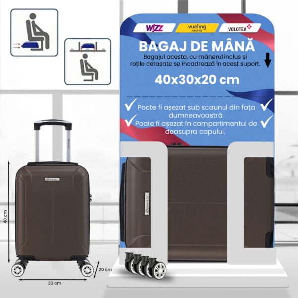 Troler cabina avion Quasar & Co.®, 40x30x20cm, bagaj de mana, troller cu cifru, valiza 4 roti duble detasabile 360°, fermoar antifurt, maner telescopic lung, geamantan din ABS extradur, captuseala buretata, 2 compartimente, buzunar, SMART, dark coffee Trolere cabina 2026-04-18