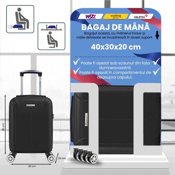 Troler cabina avion Quasar & Co.®, 40x30x20cm, bagaj de mana, troller cu cifru, valiza 4 roti duble detasabile 360°, fermoar antifurt, maner telescopic lung, geamantan din ABS extradur, captuseala buretata, 2 compartimente, buzunar, SMART, negru Trolere cabina 2026-06-05