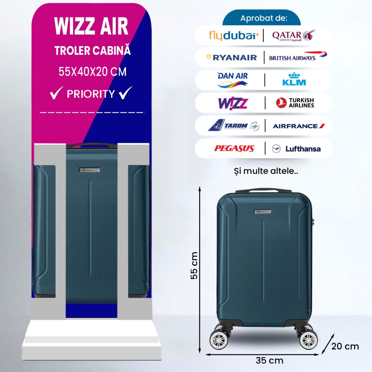 Troler cabina avion Quasar & Co.®, 55x35x20cm, bagaj de mana, troller cu fermoar antifurt, cifru, maner telescopic lung, geamantan cu 4 roti duble silentioase 360°, valiza ABS 2.8 mm, rezistent, 2 compartimente cu buzunar, 10kg, Smart, Albastru petrol 3
