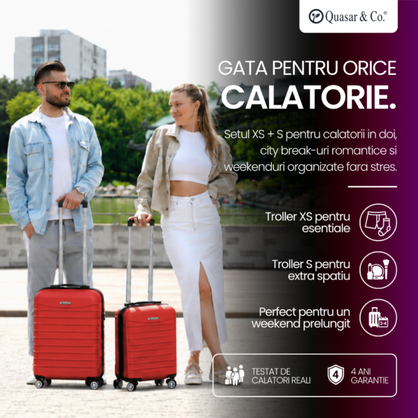 Set 2 trolere cabina Quasar & Co.®, 40x30x20 cm cu roti detasabile si 55x38x21 cm, bagaj de mana, troller cu fermoar antifurt, cifru, maner telescopic lung, geamantan 4 roti duble 360°, valiza ABS 2.8 mm rezistent, 10kg, LINE, Rosu