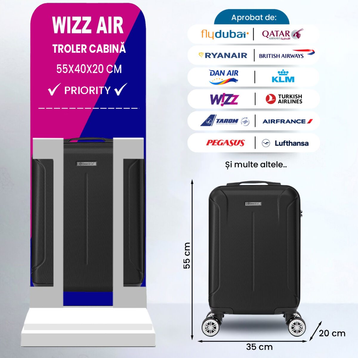 Set 2 trolere cabina, Quasar & Co.®, 40x30x20 cm cu roti detasabile si 55x35x20 cm, bagaj de mana, troller cu fermoar antifurt, cifru, maner telescopic lung, geamantan 4 roti duble 360°, valiza ABS 2.8 mm rezistent, 10kg, Smart, negru 2 Set 2 trolere cabina, Quasar & Co.®, 40x30x20 cm cu roti detasabile si 55x35x20 cm, bagaj de mana, troller cu fermoar antifurt, cifru, maner telescopic lung, geamantan 4 roti duble 360°, valiza ABS 2.8 mm rezistent, 10kg, Smart, negru 2