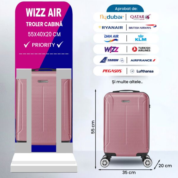 Set 2 trolere cabina, Quasar & Co.®, 40x30x20 cm cu roti detasabile si 55x35x20 cm, bagaj de mana, troller cu fermoar antifurt, cifru, maner telescopic lung, geamantan 4 roti duble 360°, valiza ABS 2.8 mm rezistent, 10kg, Smart, Roz pudrat