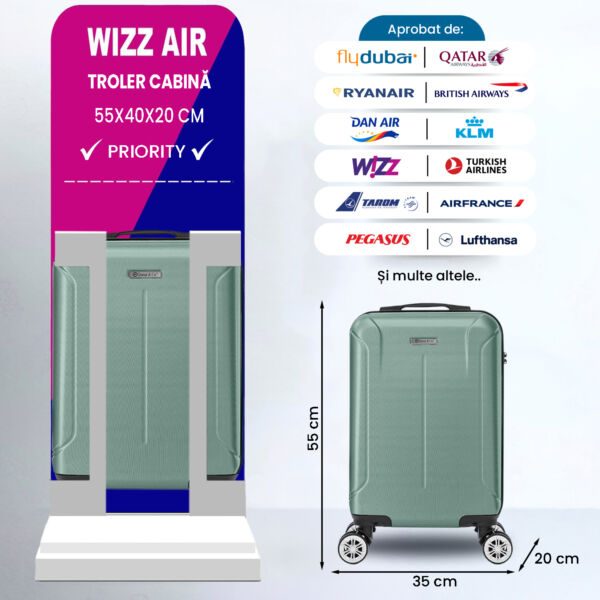 Set 2 trolere cabina, Quasar & Co.®, 40x30x20 cm cu roti detasabile si 55x35x20 cm, bagaj de mana, troller cu fermoar antifurt, cifru, maner telescopic lung, geamantan 4 roti duble 360°, valiza ABS 2.8 mm rezistent, 10kg, Smart, Turcoaz deschis