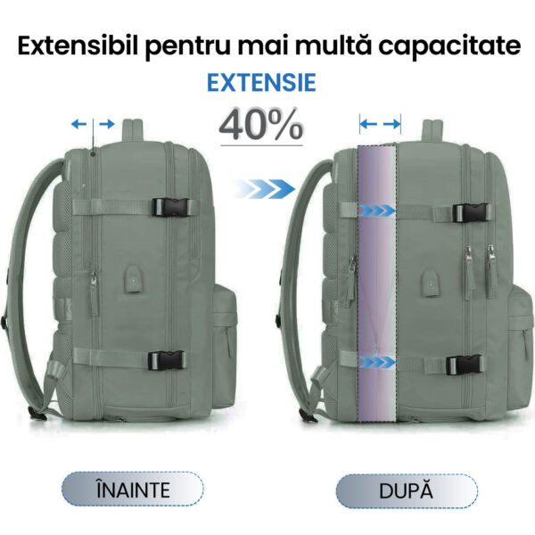Rucsac Quasar & Co.®, bagaj de mana avion, multifunctional, extensibil, impermeabil, compartiment pantofi, compartiment laptop, sistem agatare pe troler, rucsac calatorie/voiaj pretabil drumetii/scoala, cu USB, textil, 43x30x20-28 cm, kaky Rucsacuri 2026-04-29