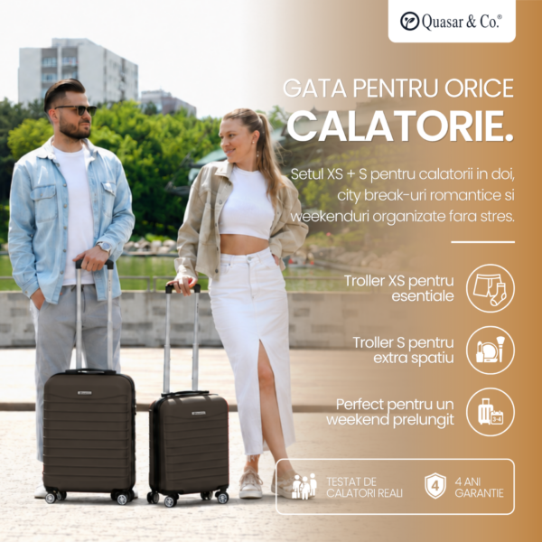 Set 2 trolere cabina Quasar & Co.®, 40x30x20 cm cu roti detasabile si 55x38x21 cm, bagaj de mana, troller cu fermoar antifurt, cifru, maner telescopic lung, geamantan 4 roti duble 360°, valiza ABS 2.8 mm rezistent, 10kg, LINE, Dark Coffee