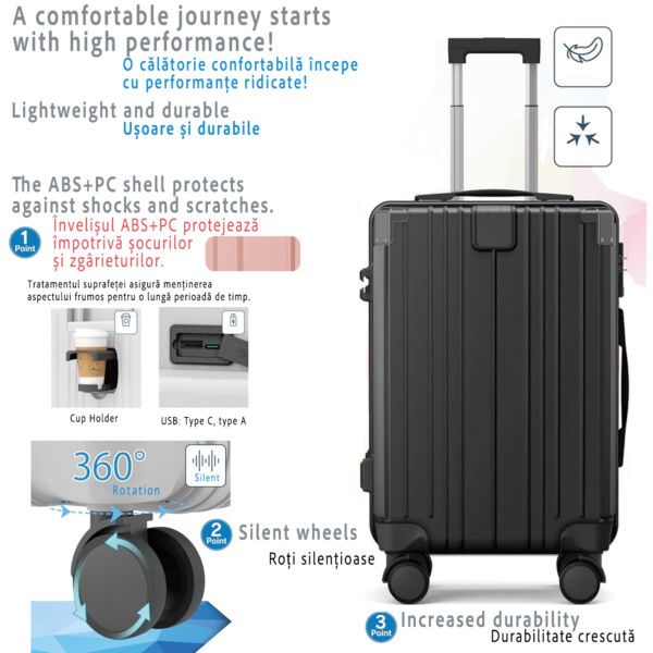 Troler mare, Quasar & Co.®, 75x49x30cm, bagaj de cala, troller cu cifru TSA, maner telescopic, geamantan cu 4 roti duble silentioase 360°, valiza ABS+PC, port USB, suport pahar, ZENO, negru - imagine 3