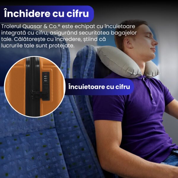 Troler cabina avion Quasar & Co.®, 40x30x20cm, bagaj de mana, troller cu cifru, valiza 4 roti duble detasabile 360°, fermoar antifurt, maner telescopic lung, geamantan din ABS extradur, captuseala buretata, 2 compartimente, buzunar, SMART, camel - imagine 4