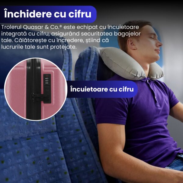 Troler cabina avion Quasar & Co.®, 40x30x20cm, bagaj de mana, troller cu cifru, valiza 4 roti duble detasabile 360°, fermoar antifurt, maner telescopic lung, geamantan din ABS extradur, captuseala buretata, 2 compartimente, buzunar, SMART, Roz pudrat - imagine 4