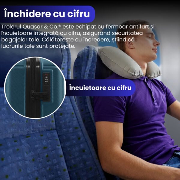 Troler cabina avion Quasar & Co.®, 55x35x20cm, bagaj de mana, troller cu fermoar antifurt, cifru, maner telescopic lung, geamantan cu 4 roti duble silentioase 360°, valiza ABS 2.8 mm, rezistent, 2 compartimente cu buzunar, 10kg, Smart, Albastru petrol - imagine 4