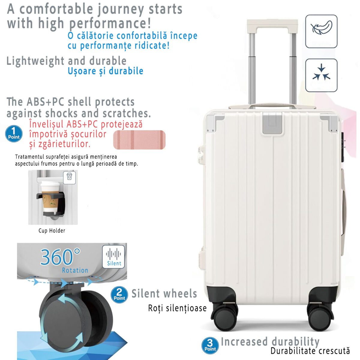 Troler cabina avion Quasar & Co.®, 54x36x23cm, bagaj de mana, troller cu maner telescopic, geamantan cu 4 roti duble silentioase 360°, valiza ABS+PC, suport pahar, ZENO, alb 4 Troler cabina avion Quasar & Co.®, 54x36x23cm, bagaj de mana, troller cu maner telescopic, geamantan cu 4 roti duble silentioase 360°, valiza ABS+PC, suport pahar, ZENO, alb 4