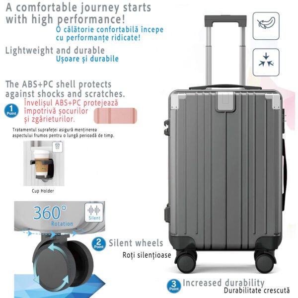 Troler cabina avion Quasar & Co.®, 54x36x23cm, bagaj de mana, troller cu maner telescopic, geamantan cu 4 roti duble silentioase 360°, valiza ABS+PC, suport pahar, ZENO, gri - imagine 4