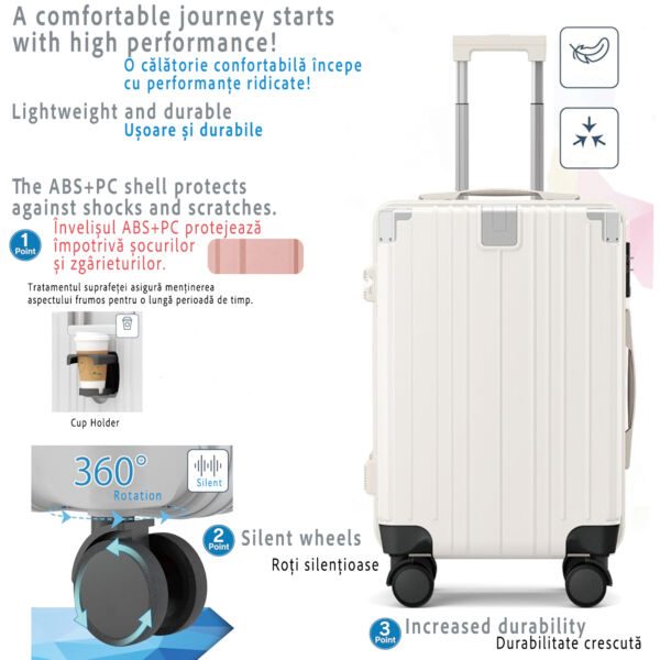 Troler mediu, Quasar & Co.®, 66x45x26cm, bagaj de cala, troller cu cifru TSA, maner telescopic, geamantan cu 4 roti duble silentioase 360°, valiza ABS+PC, port USB, suport pahar, ZENO, alb - imagine 4