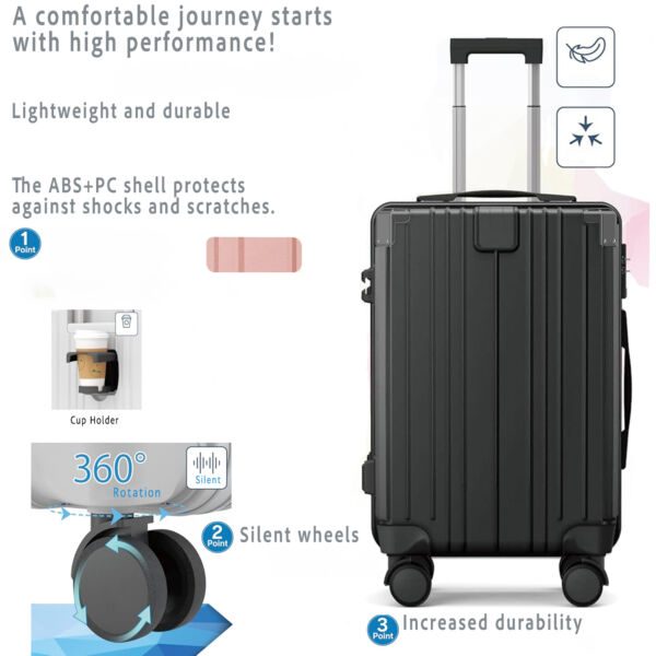 Troler mediu, Quasar & Co.®, 66x45x26cm, bagaj de cala, troller cu cifru, maner telescopic, geamantan cu 4 roti duble silentioase 360°, valiza ABS+PC, port USB, ZENO, negru - imagine 4