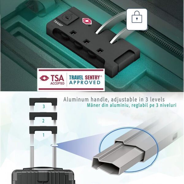 Troler mare, Quasar & Co.®, 75x49x30cm, bagaj de cala, troller cu cifru TSA, maner telescopic, geamantan cu 4 roti duble silentioase 360°, valiza ABS+PC, port USB, suport pahar, ZENO, negru - imagine 4
