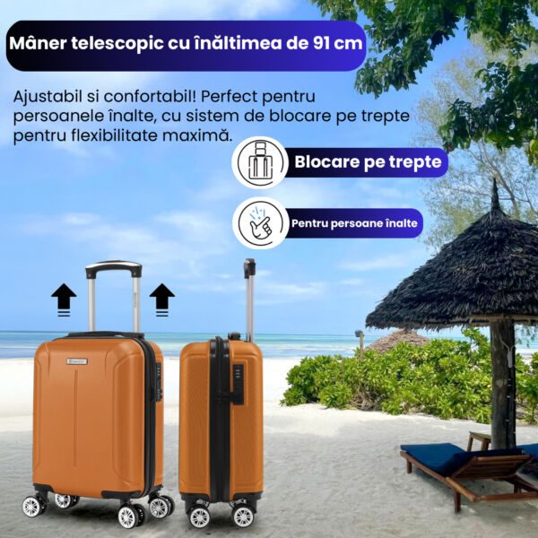 Troler cabina avion Quasar & Co.®, 40x30x20cm, bagaj de mana, troller cu cifru, valiza 4 roti duble detasabile 360°, fermoar antifurt, maner telescopic lung, geamantan din ABS extradur, captuseala buretata, 2 compartimente, buzunar, SMART, camel - imagine 5