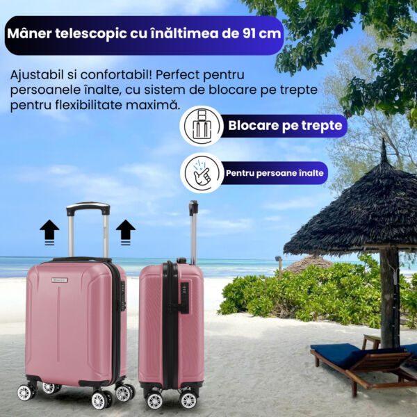 Troler cabina avion Quasar & Co.®, 40x30x20cm, bagaj de mana, troller cu cifru, valiza 4 roti duble detasabile 360°, fermoar antifurt, maner telescopic lung, geamantan din ABS extradur, captuseala buretata, 2 compartimente, buzunar, SMART, Roz pudrat - imagine 5