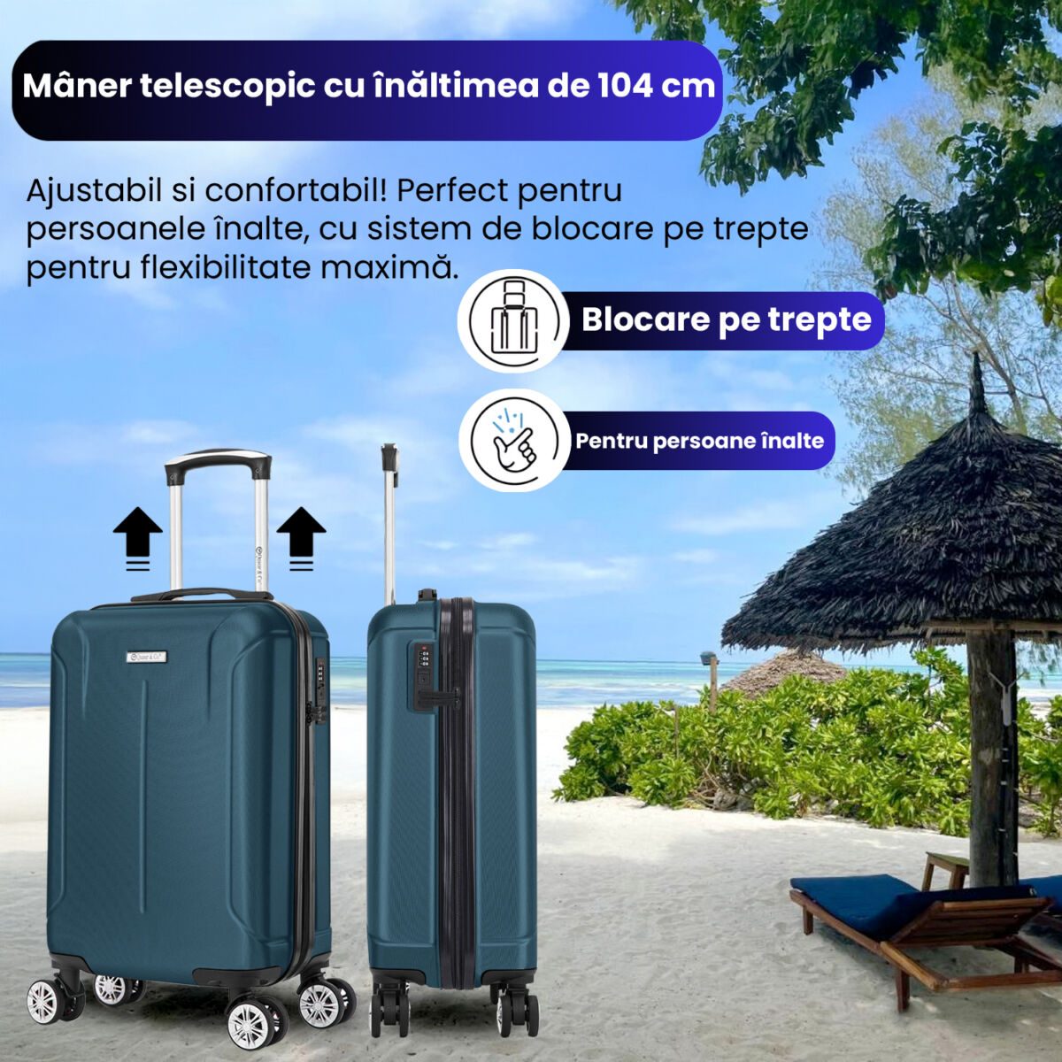 Troler cabina avion Quasar & Co.®, 55x35x20cm, bagaj de mana, troller cu fermoar antifurt, cifru, maner telescopic lung, geamantan cu 4 roti duble silentioase 360°, valiza ABS 2.8 mm, rezistent, 2 compartimente cu buzunar, 10kg, Smart, Albastru petrol 5