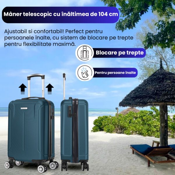 Troler cabina avion Quasar & Co.®, 55x35x20cm, bagaj de mana, troller cu fermoar antifurt, cifru, maner telescopic lung, geamantan cu 4 roti duble silentioase 360°, valiza ABS 2.8 mm, rezistent, 2 compartimente cu buzunar, 10kg, Smart, Albastru petrol - imagine 5
