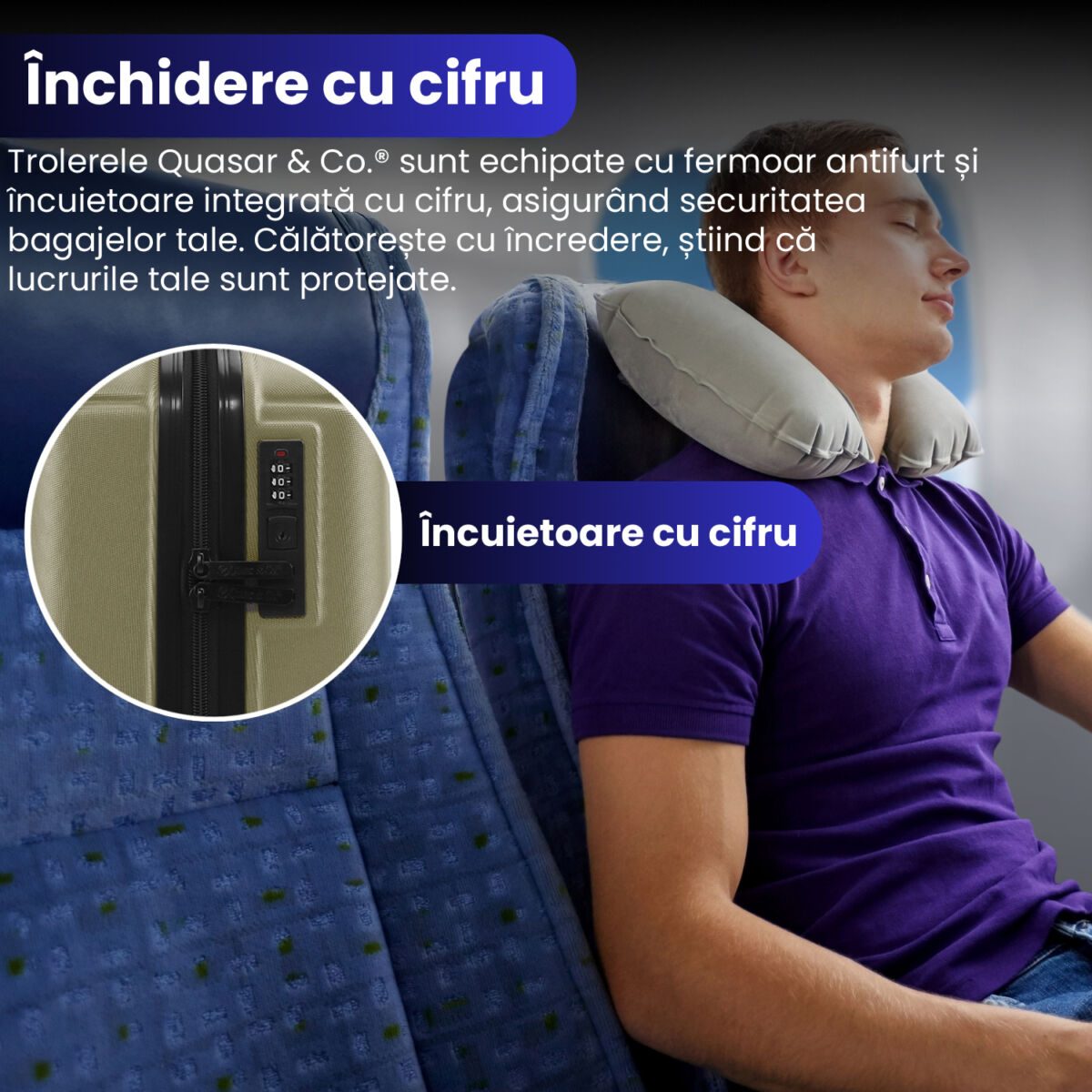 Set 2 trolere cabina, Quasar & Co.®, 40x30x20 cm cu roti detasabile si 55x35x20 cm, bagaj de mana, troller cu fermoar antifurt, cifru, maner telescopic lung, geamantan 4 roti duble 360°, valiza ABS 2.8 mm rezistent, 10kg, Smart, sampanie 4