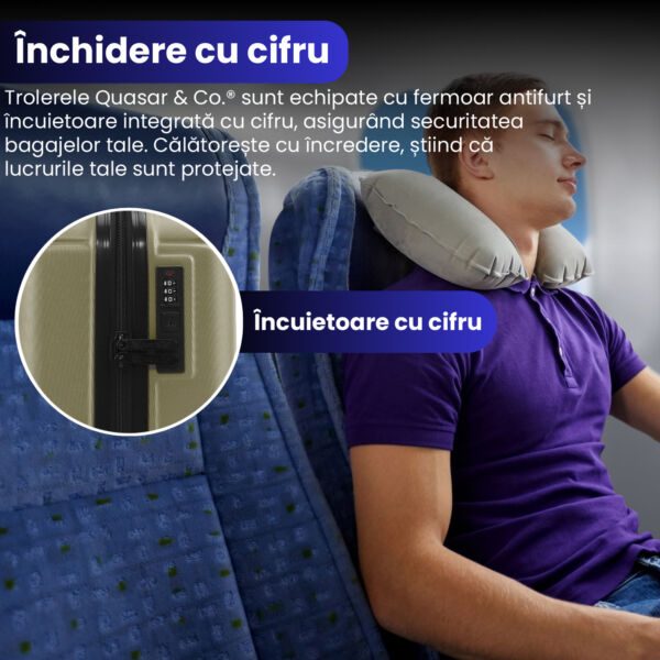 Set 2 trolere cabina, Quasar & Co.®, 40x30x20 cm cu roti detasabile si 55x35x20 cm, bagaj de mana, troller cu fermoar antifurt, cifru, maner telescopic lung, geamantan 4 roti duble 360°, valiza ABS 2.8 mm rezistent, 10kg, Smart, sampanie - imagine 4