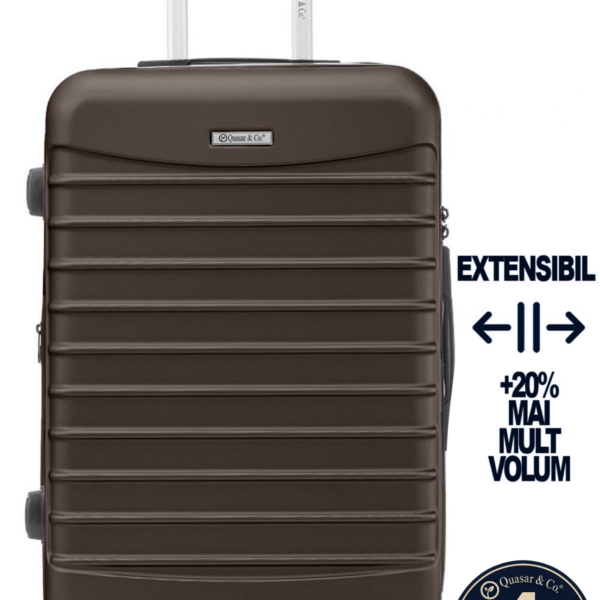 Troler mare extensibil Quasar & Co.®, 77x53x32-37cm, bagaj de cala, troller avion cu fermoar antifurt, cifru, maner telescopic, geamantan cu 4 roti duble silentioase 360°, valiza ABS 2.8 mm, 2 compartimente cu buzunar, LINE, Dark Coffee 2 Troler mare extensibil Quasar & Co.®, 77x53x32-37cm, bagaj de cala, troller avion cu fermoar antifurt, cifru, maner telescopic, geamantan cu 4 roti duble silentioase 360°, valiza ABS 2.8 mm, 2 compartimente cu buzunar, LINE, Dark Coffee