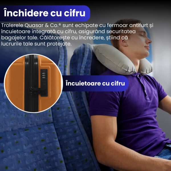 Set 2 trolere cabina, Quasar & Co.®, 40x30x20 cm cu roti detasabile si 55x35x20 cm, bagaj de mana, troller cu fermoar antifurt, cifru, maner telescopic lung, geamantan 4 roti duble 360°, valiza ABS 2.8 mm rezistent, 10kg, Smart, camel - imagine 4