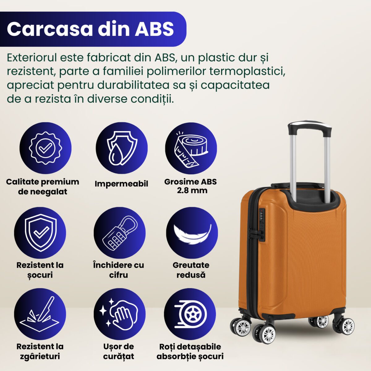 Troler cabina avion Quasar & Co.®, 40x30x20cm, bagaj de mana, troller cu cifru, valiza 4 roti duble detasabile 360°, fermoar antifurt, maner telescopic lung, geamantan din ABS extradur, captuseala buretata, 2 compartimente, buzunar, SMART, camel 6 Troler cabina avion Quasar & Co.®, 40x30x20cm, bagaj de mana, troller cu cifru, valiza 4 roti duble detasabile 360°, fermoar antifurt, maner telescopic lung, geamantan din ABS extradur, captuseala buretata, 2 compartimente, buzunar, SMART, camel 6