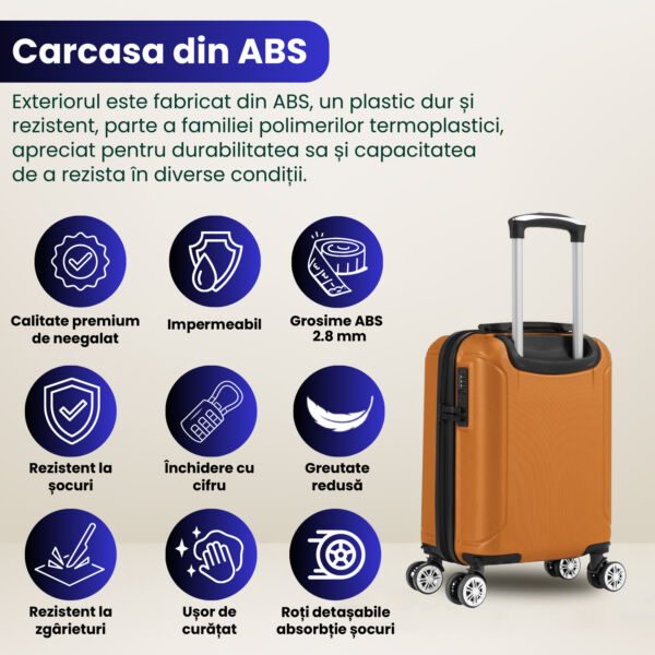 Troler cabina avion Quasar & Co.®, 40x30x20cm, bagaj de mana, troller cu cifru, valiza 4 roti duble detasabile 360°, fermoar antifurt, maner telescopic lung, geamantan din ABS extradur, captuseala buretata, 2 compartimente, buzunar, SMART, camel - imagine 6