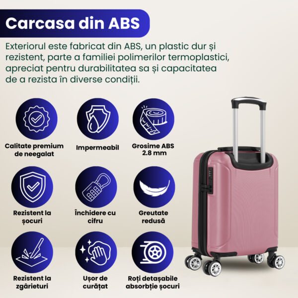 Troler cabina avion Quasar & Co.®, 40x30x20cm, bagaj de mana, troller cu cifru, valiza 4 roti duble detasabile 360°, fermoar antifurt, maner telescopic lung, geamantan din ABS extradur, captuseala buretata, 2 compartimente, buzunar, SMART, Roz pudrat - imagine 6