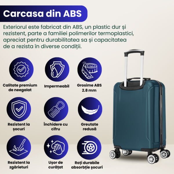 Troler cabina avion Quasar & Co.®, 55x35x20cm, bagaj de mana, troller cu fermoar antifurt, cifru, maner telescopic lung, geamantan cu 4 roti duble silentioase 360°, valiza ABS 2.8 mm, rezistent, 2 compartimente cu buzunar, 10kg, Smart, Albastru petrol - imagine 6