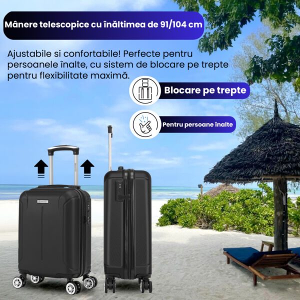 Set 2 trolere cabina, Quasar & Co.®, 40x30x20 cm cu roti detasabile si 55x35x20 cm, bagaj de mana, troller cu fermoar antifurt, cifru, maner telescopic lung, geamantan 4 roti duble 360°, valiza ABS 2.8 mm rezistent, 10kg, Smart, negru - imagine 5
