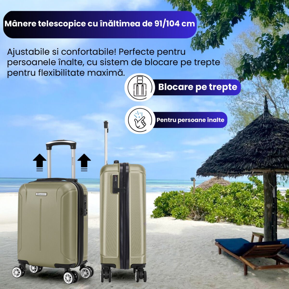 Set 2 trolere cabina, Quasar & Co.®, 40x30x20 cm cu roti detasabile si 55x35x20 cm, bagaj de mana, troller cu fermoar antifurt, cifru, maner telescopic lung, geamantan 4 roti duble 360°, valiza ABS 2.8 mm rezistent, 10kg, Smart, sampanie 5