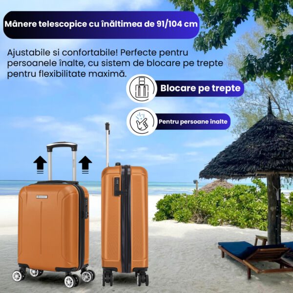 Set 2 trolere cabina, Quasar & Co.®, 40x30x20 cm cu roti detasabile si 55x35x20 cm, bagaj de mana, troller cu fermoar antifurt, cifru, maner telescopic lung, geamantan 4 roti duble 360°, valiza ABS 2.8 mm rezistent, 10kg, Smart, camel - imagine 5